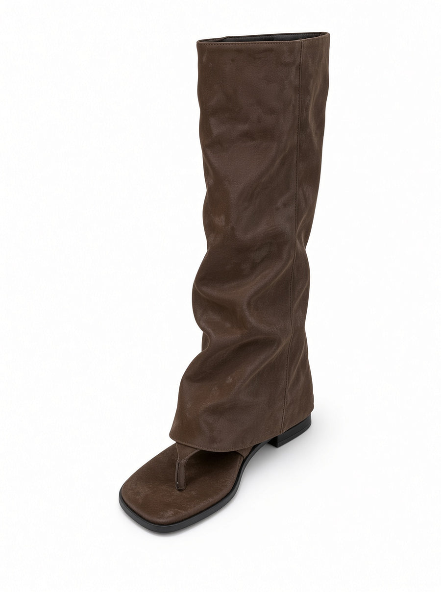 Fauve Fold-Over Thong Knee-High Boots  Square Toe