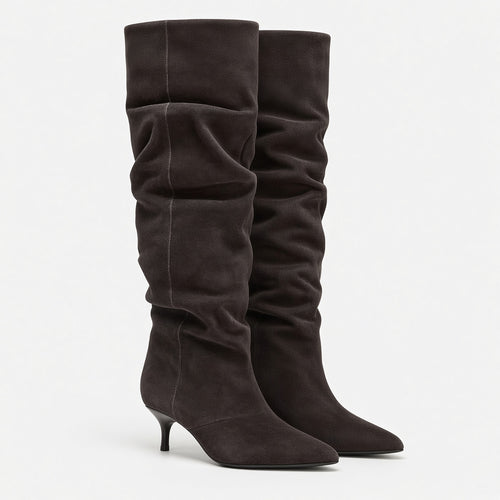 Ivette Pleated Suede Tall Boots  Pointed Toe-Kitten Heel