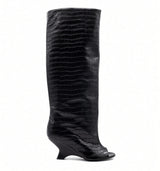 Isabeau Peep-Toe Knee-High Wedge Boots