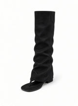 Fauve Fold-Over Thong Knee-High Boots  Square Toe