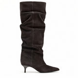 Ivette Pleated Suede Tall Boots  Pointed Toe-Kitten Heel
