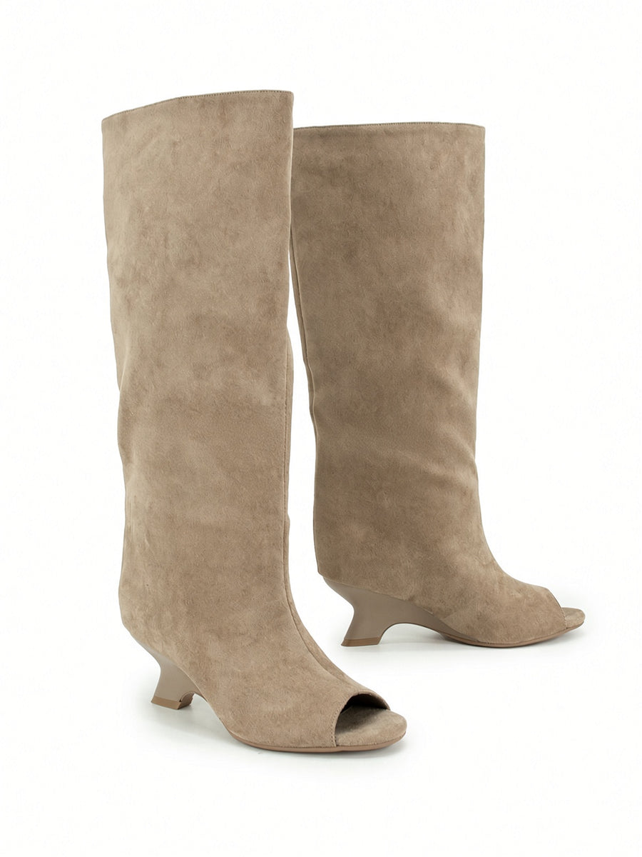 Solaine Peep-Toe Knee-High Boots  Round Toe