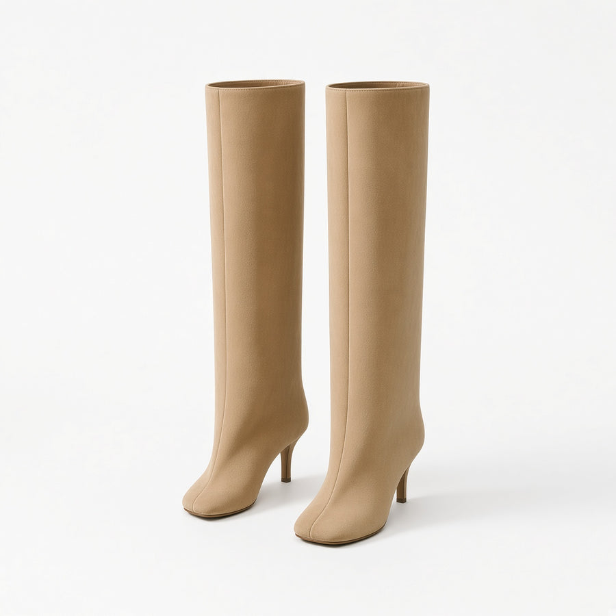 Célestine Fold-Over Suede Knee-High Boots  Square Toe