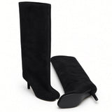 Célestine Fold-Over Suede Knee-High Boots  Square Toe